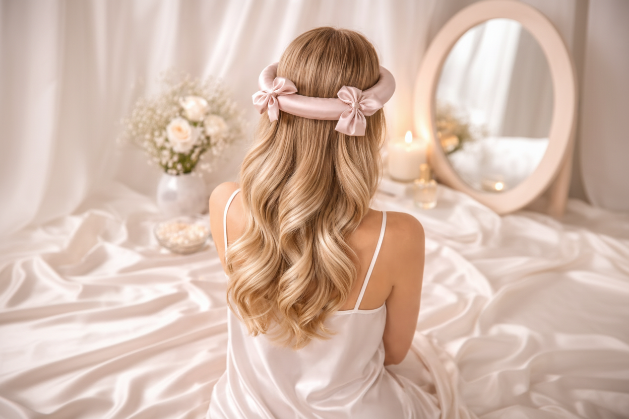 Woman with long blonde hair wearing a pink headband with bows in a softly lit room.